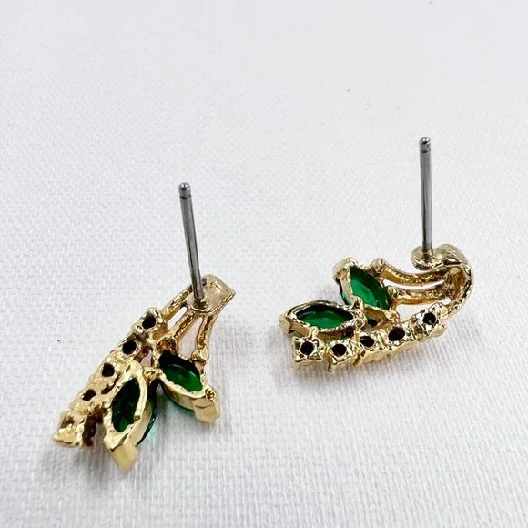 Green & Clear Rhinestone Gold Tone Post Earrings - Picture 6 of 7